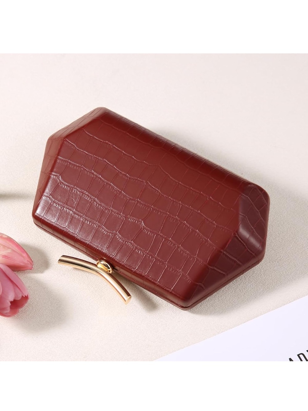 Burgundy Croc Embossed Evening Clutch Bag Gold Handle Elegant Frame Purse Fifi’s - Picture 4 of 4